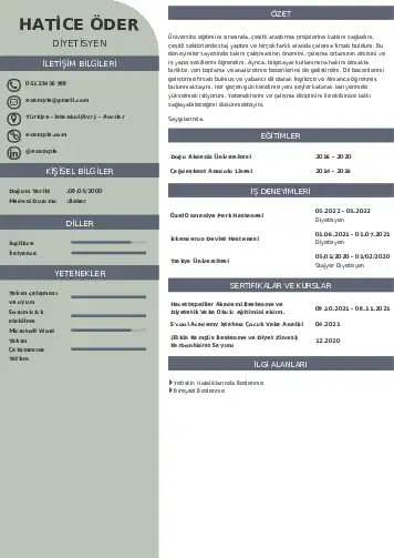 Beslenme Uzmanı Diyetisyen CV Örnekleri cv indir